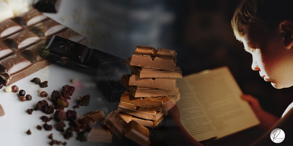 THE DARK CHOCOLATE and bunch of chocolate on table with the transition of student reading showing that eating dark chocolate Can Dark Chocolate Actually Improve Your GPA